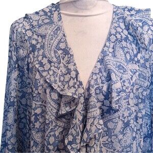 Dressy Blouse Blue White Paisley Open Front Ruffle Feminine18/20W